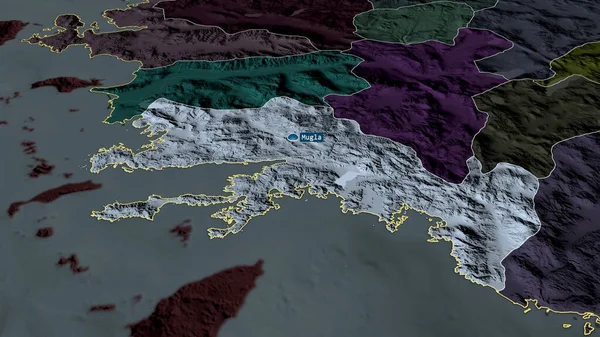 Мугла Провинция Турции Увеличенная Выделенная Капиталом Цветная Карта Административного Деления — стоковое фото