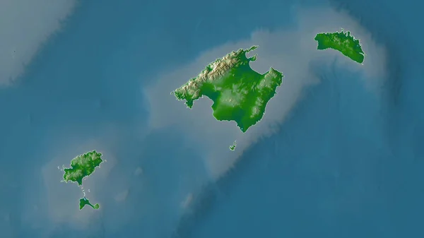 Islas Baleares, autonomous community of Spain. Colored shader data with lakes and rivers. Shape outlined against its country area. 3D rendering