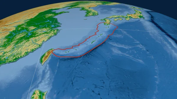 Piastra Tettonica Okinawa Delineata Sul Globo Mappa Fisica Colori Rendering — Foto Stock