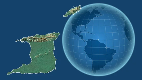 Trinidad And Tobago. Globe with the shape of the country against zoomed map with its outline isolated on the blue background. topographic relief map