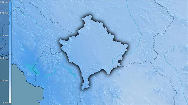 科索沃地区最寒冷的地区在立体投影中的降水量 深色发光轮廓的栅格层的原始组成 — 图库照片