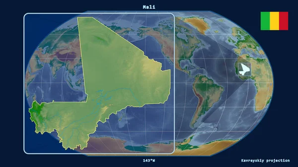 Увеличенный Учетом Контура Мали Перспективными Линиями Против Глобальной Карты Каврайской — стоковое фото