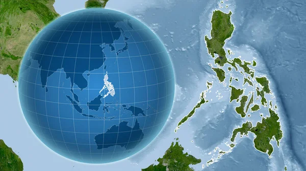 Philippines. Globe with the shape of the country against zoomed map with its outline. satellite imagery