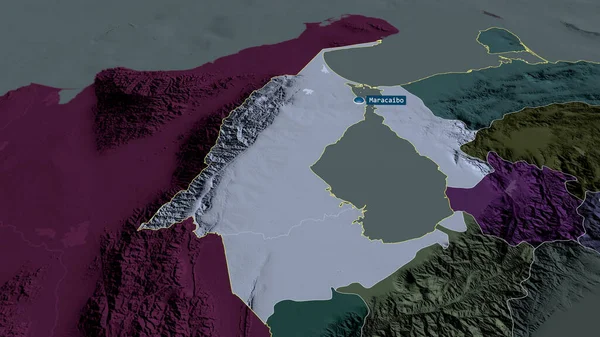 ズリア ベネズエラの状態は拡大し 首都で強調表示されました 行政区画の色と衝突した地図 3Dレンダリング — ストック写真
