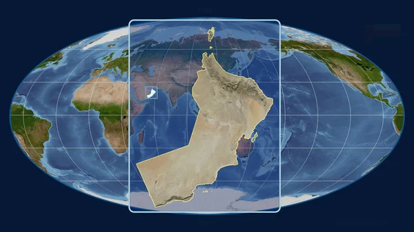 Zoomed Widok Oman Zarys Linii Perspektywy Wobec Globalnej Mapy Projekcji — Zdjęcie stockowe