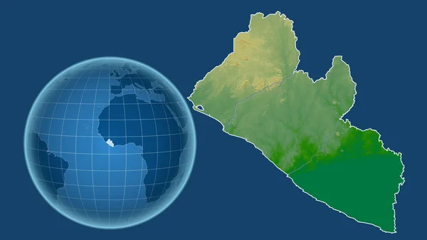 リベリア 青い背景に孤立した輪郭を持つ拡大地図に対して 国の形をした球体 色物理図 — ストック写真