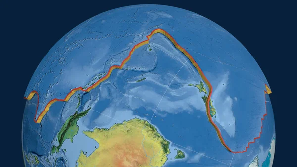 Placca Tettonica Del Pacifico Estrusa Sul Globo Mappa Topografica Rendering — Foto Stock