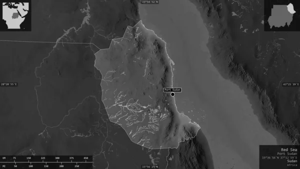 Mar Rojo Estado Sudán Mapa Escala Grises Con Lagos Ríos — Foto de Stock