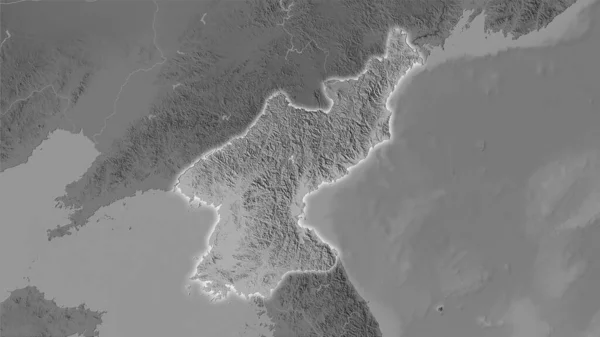 Nordkorea Gebiet Auf Der Graustufen Höhenkarte Der Stereographischen Projektion Rohzusammensetzung — Stockfoto