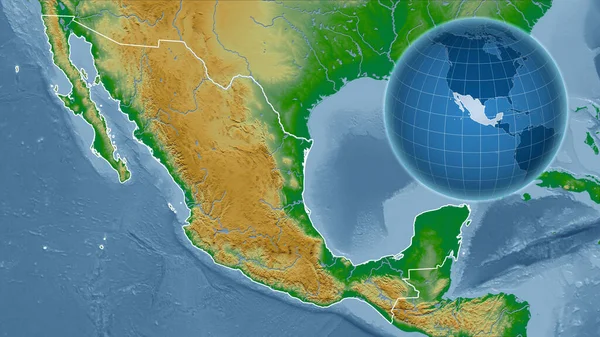 Мексика Глобус Формі Країни Проти Масштабованої Карти Контуром Фізична Карта — стокове фото
