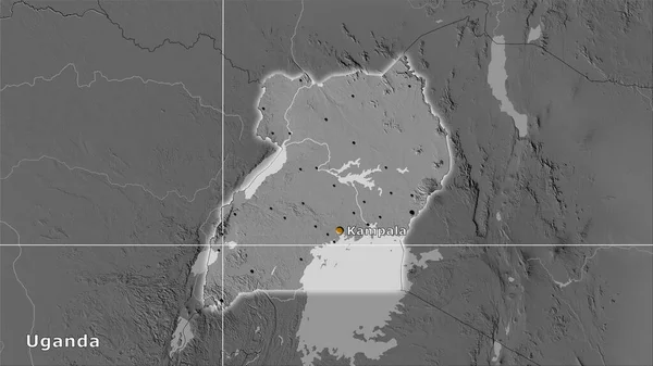 立体投影のグレースケール標高マップ上のウガンダ領域 主な組成 — ストック写真
