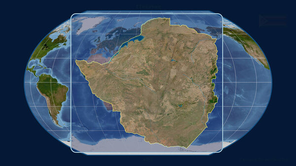 Zoomed-in view of Zimbabwe outline with perspective lines against a global map in the Kavrayskiy projection. Shape centered. satellite imagery