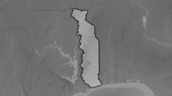 立体投影灰度高程地图上的多哥地区 暗光轮廓光栅层的原始组成 — 图库照片