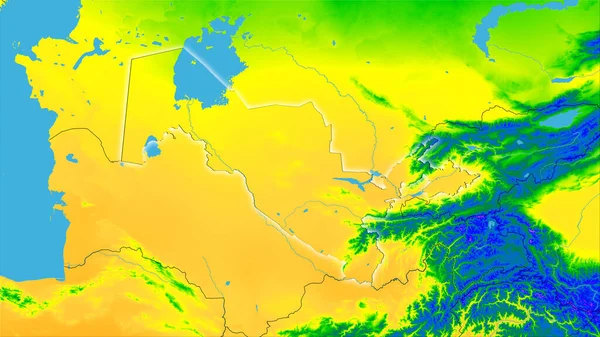 立体投影中的年度温度图上的乌兹别克斯坦地区 具有发光轮廓的光栅层的原始成分 — 图库照片