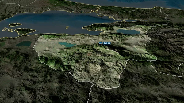 ブルサ トルコの州が拡大し 首都で強調表示されました 衛星画像 3Dレンダリング — ストック写真