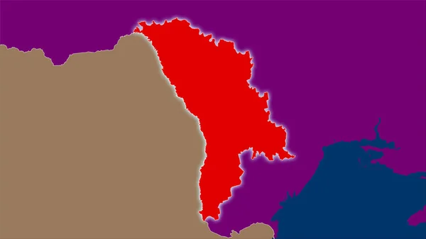 Moldova area on the administrative divisions map in the stereographic projection - raw composition of raster layers with light glowing outline