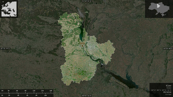 Kiev, region of Ukraine. Satellite imagery. Shape presented against its country area with informative overlays. 3D rendering