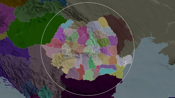 Romania zoomed and circled. Colored and bumped map of the administrative division. 3D rendering