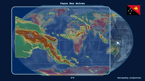 Увеличенный Вид Папуа Перспективными Линиями Против Глобальной Карты Каврайской Проекции — стоковое фото