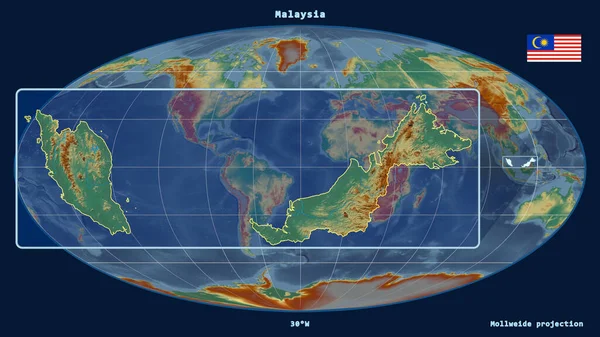 Mollweide projeksiyonundaki küresel bir haritaya karşı perspektif çizgileriyle Malezya 'ya yakınlaştırılmış görünüm. Sol tarafta bir şekil var. topografik yardım haritası