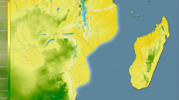 莫桑比克地区内立体投影中最冷的一个季度的平均温度 具有发光轮廓的栅格层的原始成分 — 图库照片