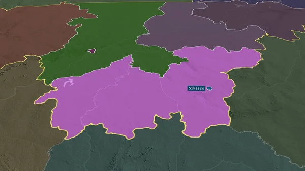 Sikasso - region of Mali zoomed and highlighted with capital. Colored and bumped map of the administrative division. 3D rendering