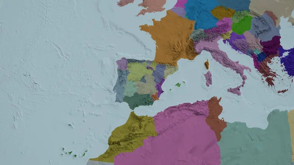 西班牙变本加厉地扩张着 绘制了行政区划的彩色和凸起的地图 3D渲染 — 图库照片