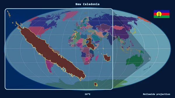 Vergrößerte Ansicht Neukaledoniens Mit Perspektivischen Linien Gegen Eine Weltkarte Der — Stockfoto