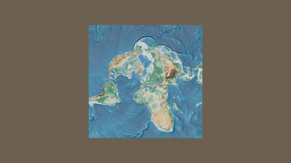 Square frame of the large-scale map of the world in an oblique Van der Grinten projection centered on the territory of Netherlands. Color physical map