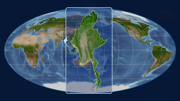 Zoomed View Myanmar Outline Perspective Lines Global Map Mollweide Projection — Stock Photo, Image