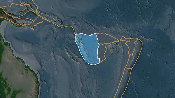 Yeni Hebrides Tektonik Plakasını Bitişiğindeki Bölgelerin Dedoygunluğuyla Ayrılan Fiziksel Haritada — Stok fotoğraf