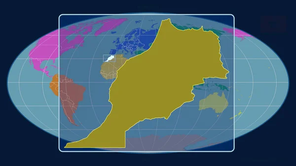 将摩洛哥的轮廓放大 用透视线与摩尔魏德投影中的全球地图相对照 形体中心 各大洲的彩色地图 — 图库照片