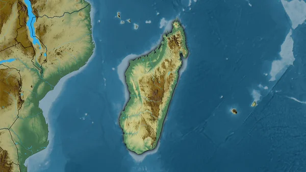 立体投影地形图上的马达加斯加地区 深色发光轮廓光栅层的原始组成 — 图库照片