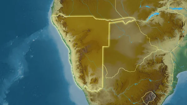 立体投影地形图上的纳米比亚地区 发光轮廓光栅层的原始组成 — 图库照片