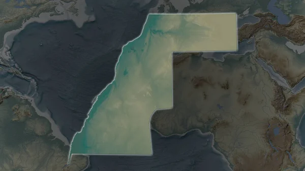 Western Sahara area enlarged and glowed on a darkened background of its surroundings. Relief map