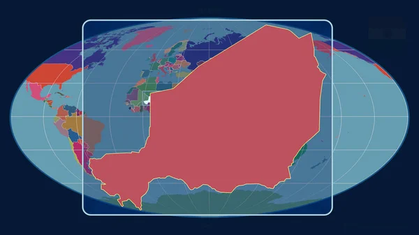 放大了尼日尔的轮廓 用透视线与Mollweide投影中的全球地图对齐 形体中心 行政区划的彩色地图 — 图库照片
