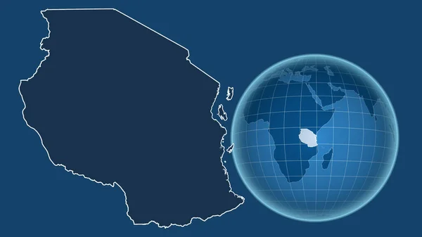 Tanzanie Globe Tvarem Země Proti Zvětšené Mapě Obrysem Izolovaným Modrém — Stock fotografie