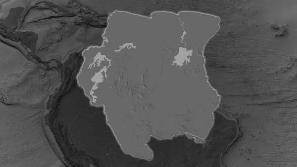 Oblast Surinamu Zvětšovala Zářila Tmavém Pozadí Svého Okolí Mapa Nadmořské — Stock fotografie