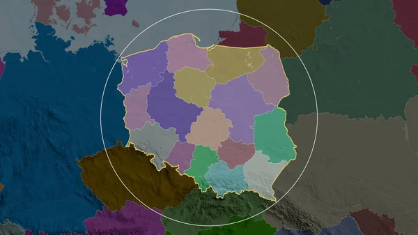 Poland zoomed and circled. Colored and bumped map of the administrative division. 3D rendering