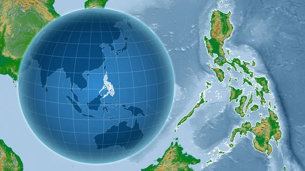 Filipinas Globo Con Forma Del País Contra Mapa Ampliado Con —  Fotos de Stock