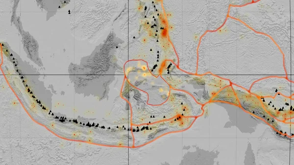 モルッカ海の地殻プレートは カヴライスキー予測の世界的なグレースケールの標高地図上で概説されました 3Dレンダリング — ストック写真
