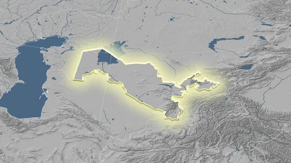 Uzbekistan Its Neighborhood Distant Oblique Perspective Shape Glowed Grayscale Elevation — Stock Photo, Image
