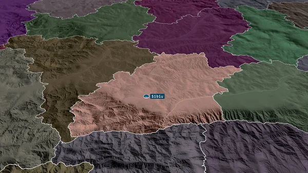 Sibiu Contea Romania Ingrandita Evidenziata Con Capitale Mappa Colorata Urtata — Foto Stock