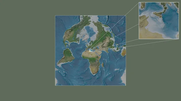 世界の大規模な地図から抽出されたマルタの拡大および拡大領域 フレームの隅を結ぶ主要な線 衛星画像 — ストック写真