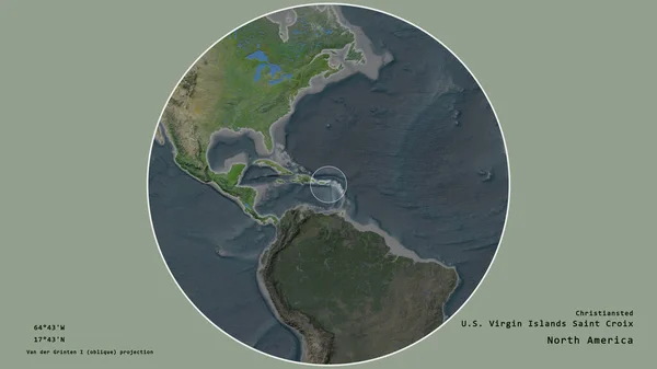 美属维尔京群岛圣克罗伊地区 在该大陆的大比例尺地图上有一个圆圈 在绝望的背景下孤立 大写的地理推论和名称 卫星图像 — 图库照片