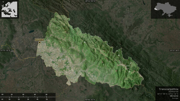 Transcarpathia, region of Ukraine. Satellite imagery. Shape presented against its country area with informative overlays. 3D rendering