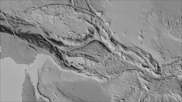 构造板块与所罗门群岛海板块附近地区的灰度比例尺地图接壤 Van Der Grinten I投影 斜变换 — 图库照片