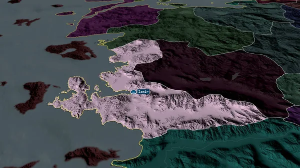 Izmir Prowincja Turcji Powiększyła Się Podświetliła Kapitałem Kolorowa Wyboista Mapa — Zdjęcie stockowe