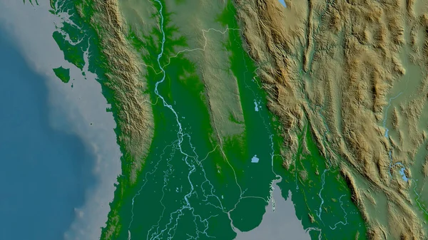 Bago 缅甸的分裂 湖泊和河流的彩色阴影数据 形状与它的国家相对应 3D渲染 — 图库照片