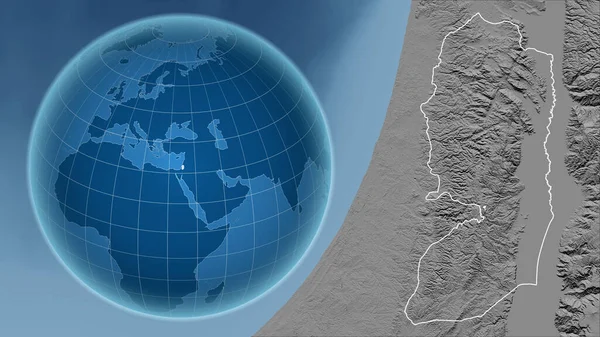 West Bank. Globe with the shape of the country against zoomed map with its outline. grayscale elevation map